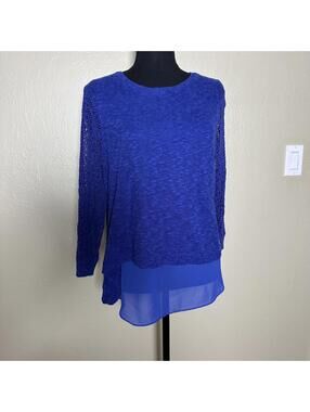 Vtg Y2K Boho Linen Cotton Knit Top Crochet Lace Sleeves Split Back Cobalt Blue
